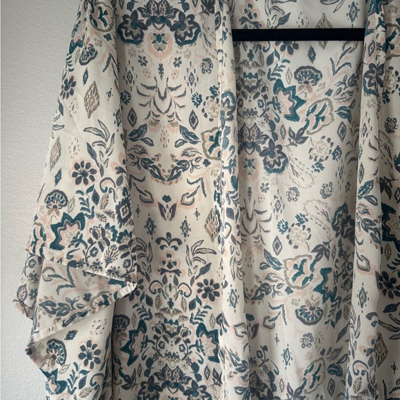 Cream Floral Kimono Cover-Up with Teal and Black Print - Picture 2 of 4
